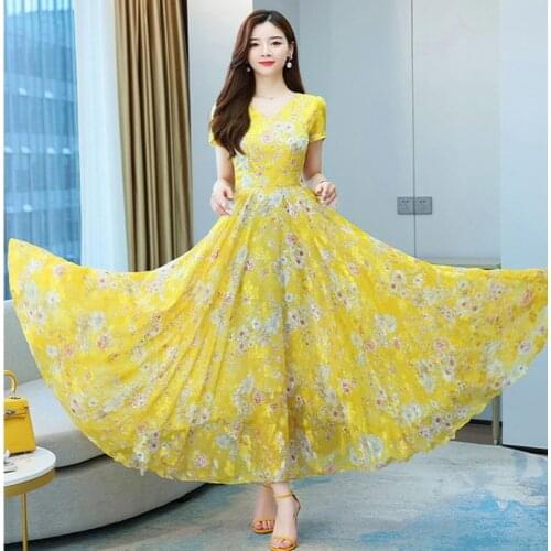 High Quality 2021 Summer Dress For Women V Collar Floral Printed Short Sleeve Women Chiffon Long Dress
