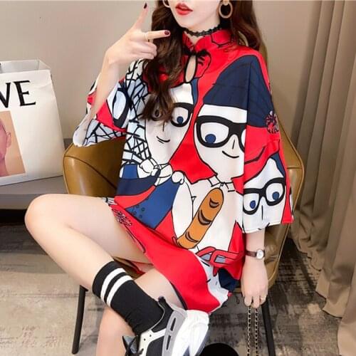 #0657 Red Cartoon Printed Long T Shirts Women For Summer 2021 Stand Collar Women Tee Shirts Loose Korean Style T-shirt
