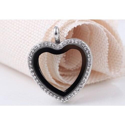 10SET/lot Rhinestones Heart Floating Locket Magnetic Glass Memory Locket Pendant With Free Chains