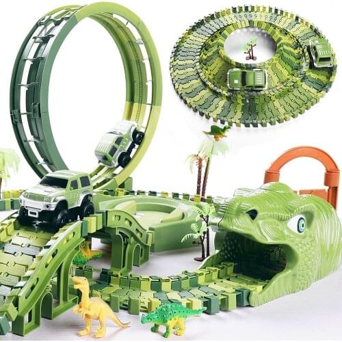 291PCS Dinosaur Toys Car Track Racing Track Toy Set Educational Curved Flexible Track Railway Flashing Childrens Toy Car Boy