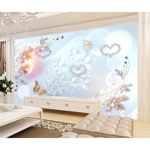 Customized 3D mural wallpaper colorful light jewelry butterfly flower TV background wall decoration painting