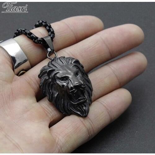 Tiasri Gothic Jewelry Black Lion Head Pendant Necklace For Men Stainless Steel Box Chain Steampunk Style Hip-Hop Boys Accessorie