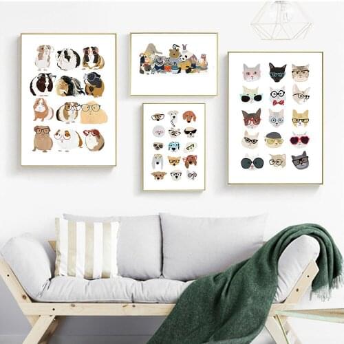 Decorative Painting Glasses Cartoon Guinea Pig Cat Dog Modern Canvas Poster Picture Living Room Bedroom Dining Room Wall Decor