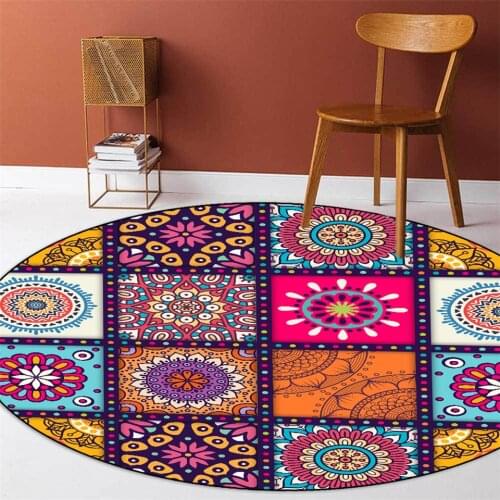 Ethnic Style Bohemia Colorful Floral Rug Geometric Stitching Round Carpet For Bedroom Area Rug Balcony Tatami Mat Bedside Mat