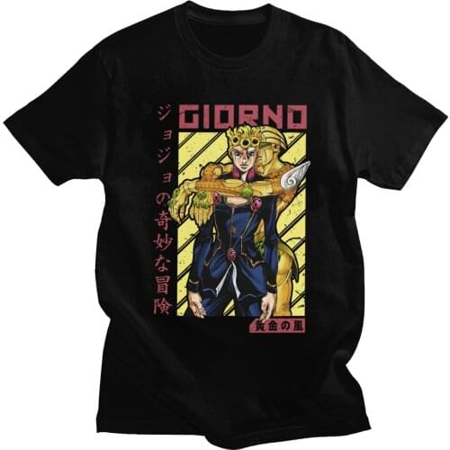 Retro Jojo Bizarre Adventure T-Shirt for Men Pure Cotton Giorno Giovanna Shirt Anime Manga Tees Short-Sleeve Casual Tshirt Merch