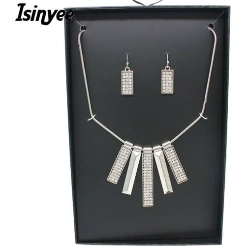 ISINYEE Fashion Crystal Geometric Chocker Necklace Earrings Set For Elegant Women Girls Party Silver Girfriend Gifts Jewelry
