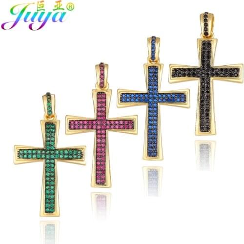 Juya DIY Luxury Rainbow Cubic Zirconia Christian Cross Charms For Needlework Prayer Rosary Pendant Jewelry Making Accessories