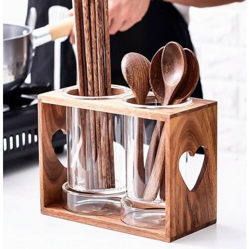 Creative Glass Bamboo Stand Double Tube Drain Chopstick Tube Kitchen Tableware Storage Container Spoon Fork Rack Home Decoration