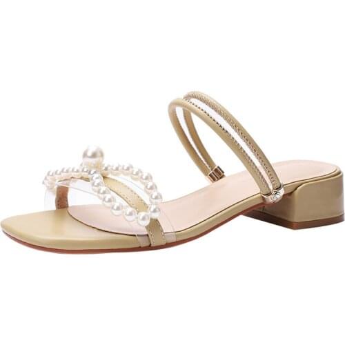 Fashion 2020 Summer Womens Sandals PU Slip On 3.5CM Thick High Heels Square Toe Beaded Shallow women shoes sandalias mujer 2020