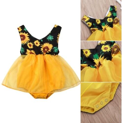 0-18M Fashion Summer Newborn Baby Girls Princess V neck Party Sleeveless Sunflower Print Dress Romper Jumpsuit Bodysuit