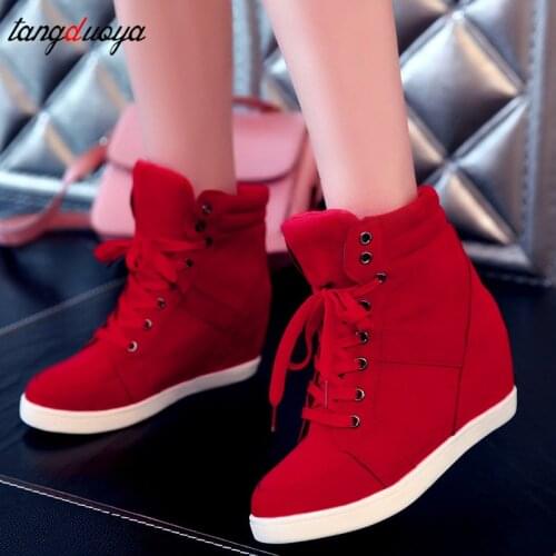 Autumn Women Boots Faux Suede Leather Wedge Platform Boots Hidden Heel Shoes High Top Sneaker Casual Shoes for Woman Ankle Boot