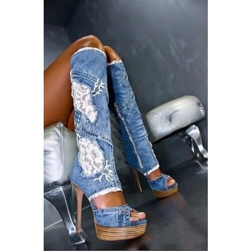 Sexy Woman Wooden Platform Thin Heels Floral Lace Patchwork Fuzzing Denim Knee Boots Peep Toe High Heel Blue Jean Boots
