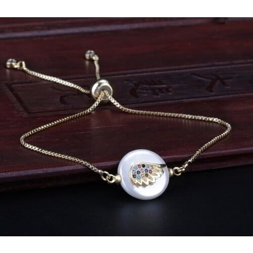 Rainbow Mix CZ Paved Tiny Wing Charm Round Coin Pearl Connector Charm Gold Dainty Link Bracelet For Woman Girl Jewelry Gift