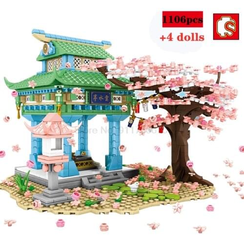 Sembo City Japanese Style Sakura Pavilion Creator Cherry Blossom Street View House Tree Model Building Blocks Diy Toys For Girls