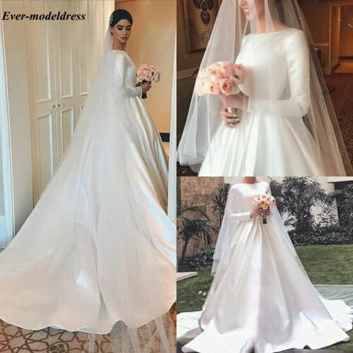 Long Sleeves Satin Wedding Dresses 2019 Button Back A-Line Simple Bridal Gowns Sweep Train Scoop Customized Vestidos de novia