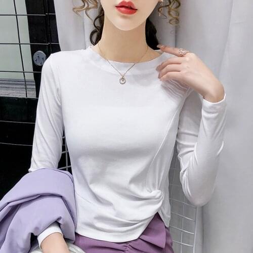 TingYiLi Korean Fashion Twist Hem Plain T-shirt Spring Autumn Long Sleeve O-neck Blue Black White T shirt Womens Irregular Tops