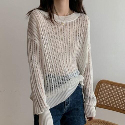 White Blouse Women Chic Autumn Korean Style Hollow Out Sunscreen Sweater Long-sleeved Women Retro Thin Loose Lady Tops15723