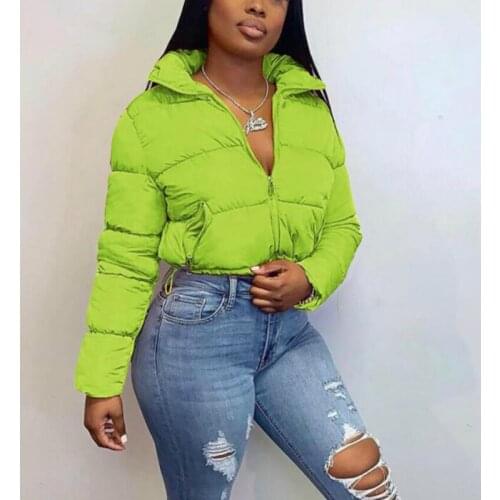Women Cropped Puffer Jacket Winter Warm Parka Fashion Short Outwear Long Sleeve Zip Thick Down Solid Color Coats