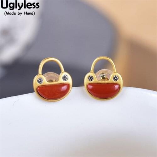 Uglyless Antique Lock Designer MINI Creative Earrings for Women Moon Agate Jade Gemstones Studs Earrings Zircon 925 Silver Jewel
