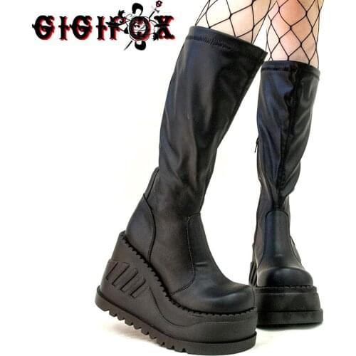 Brand New Big Size 43 Comfy Walking Halloween Gift Zipper Fashion Cool Gothic Punk Platform Black Knee High Boots Shoes Women