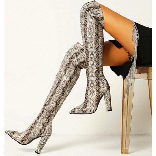 Thigh High Boots Women Sexy Leopard Pointed Toe Over The Knee High Heels Punk Goth Party Pumps Tall Long Boots 33 34-43