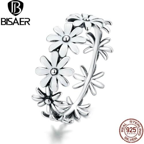 BISAER 100% 925 Sterling Silver Little Daisy Rings for Romantic Women Crystal CZ Wedding Finger Ring Jewelry ECR670