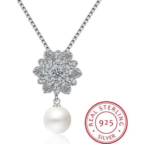 925 Sterling Silver Clavicle Chain Necklace Luxury Dazzling Zirconia Snowflake Simulated Pearl Pendant Necklace S-N202