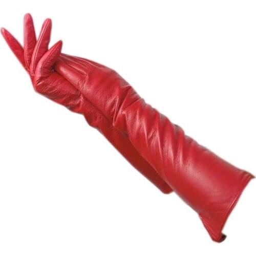 Winter ladies fashion sheepskin gloves 40-42 cm red thick new warm womens gloves arm sleeve leather goatskin driving 2021-00087