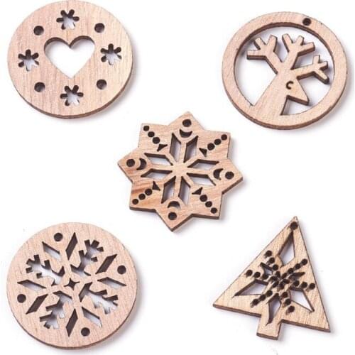 100pcs Christmas Theme Undyed Wood Pendants jewelry making, Mixed Shapes, BurlyWood,29~30x27~30x2.1mm, Hole: 1mm F70
