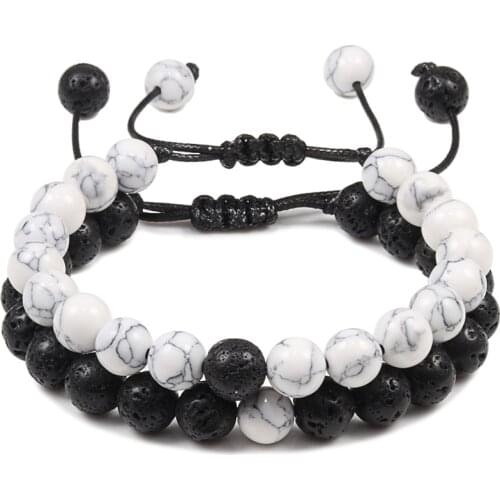 2Pcs/Set Adjustable Beaded Bracelets Bangles Sets Natural Lava Stone Black White Weave Braiding Couple Bracelet For Women Men