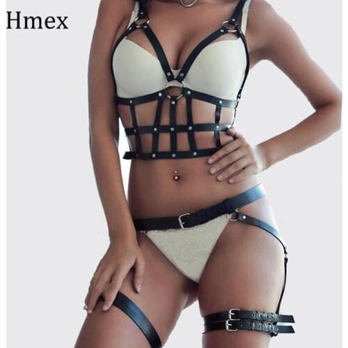 2pcs/set Women Bdsm Bondage Belt Sexy Garter Belt Gothic Leather Harness Bra Suspender Lingerie Harness Underwear