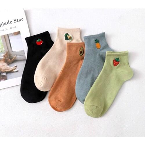 5 Pairs/lot Short Female Boat Socks Fruit Embroidery Avocado Socks Happy Cotton Ankle Funny Men Women Summer Casual Socks
