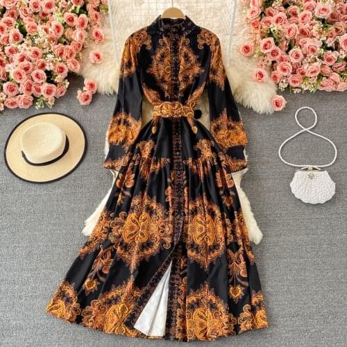 Amolapha Women 2021 New Bohemia Style Printed Pull Long Sleeve Vintage Spring Autumn Single Breasted Big Swing Maxi Dresses