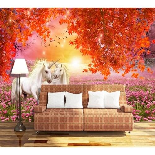 Free Shipping Wallpaper Maple Red Leaf White Horse 3D TV Background Wall Flying Birds Flower Sea Custom Living Room 3d Mural