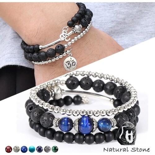 Men Women Yoga Chakra Bracelet 3 Stands Copper Tube Wrap Natural Lava Stone Tiger Eye Beads Bracelets Bangles Male Gift Jewelry