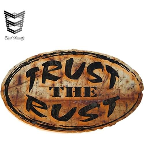EARLFAMILY 13cm X 7.2cm Car Sticker Waterproof Graphics Trust The Rust Decal Vintage Car Emblem Style Car Styling Accessories