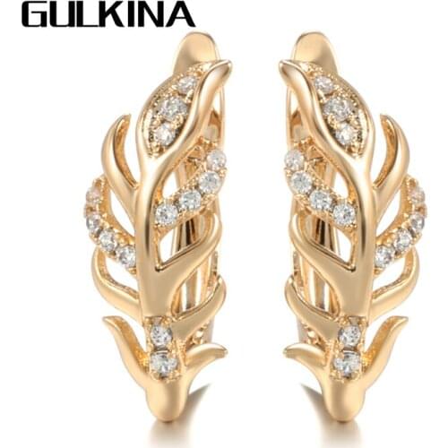 Gulkina Luxury 585 Rose Gold Leaf Earrings for Women Micro-wax Inlay Natural Zircon Bridal Wedding Jewelry Crystal Earring