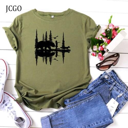 JCGO Summer Cotton Women T Shirt S-5XL Plus Size Bear Print Short Sleeve Lady Tees Tops Casual O-Neck Female TShirt Tees Women