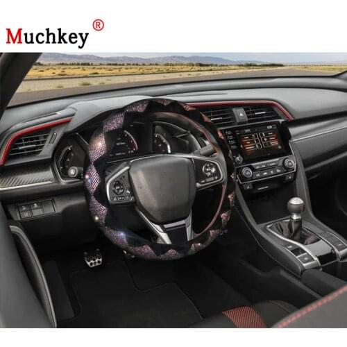 MUCHKEY Brand Leather Steering Wheel Cover For Honda Civic 2020 Luxury Crystal Colorful Rhinestone Auto Wheel Protector