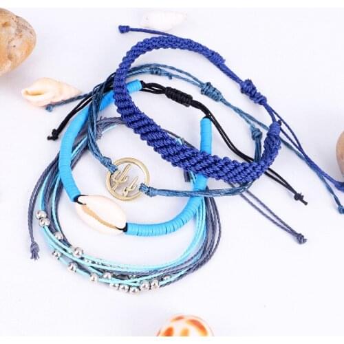 Bohemian Shells Bracelet for Women Handmade Woven Cactus Blue Rope Natural Shells Chain Girl Beach Jewelry Gifts Set