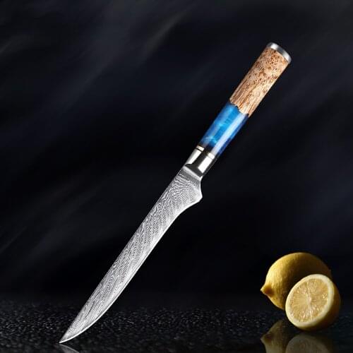 Damascus Steel VG10 Boning Knife Chef Knife Raw Fish Fillet Salmon Kitchen Knife Blue Resin Color Wood Handle Cooking Tool