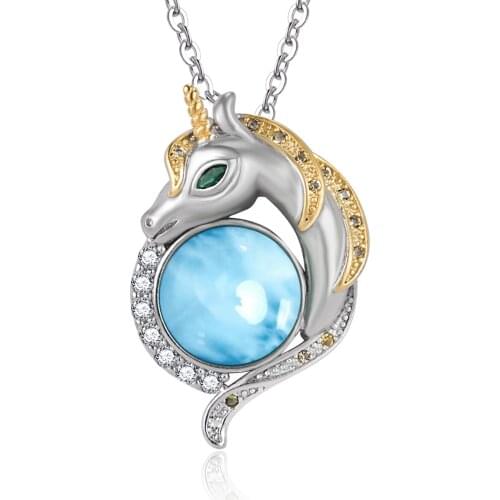 Wholesale Silver Jewelry Dominica Natural Larimar Unicorn Pendant Necklace in 925 Sterling Silver For Women