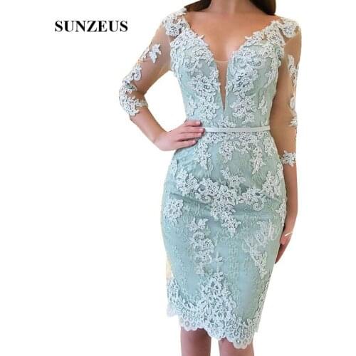 Robe Demoiselle D'honneur Courte Sheath V-neck Knee Length Bridesmaid Dresses With Three Quarter Sleeves Lace Wedding Party Gown