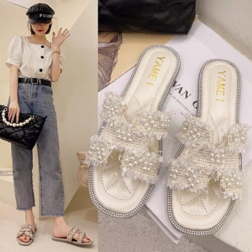 Womens 2021 Summer Flat All-Match Pearl Sandals Seaside Beach Shoes Casual Womens Shoes