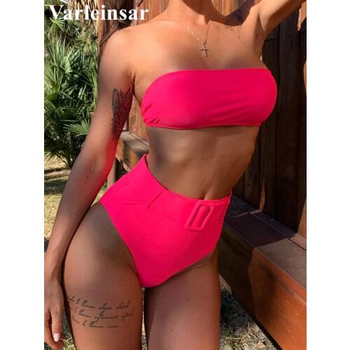 2021 Bandeau Swimsuit High Waist Bikini Women Swimwear Two-pieces Bikini set With Waist Band Bather Bathing Suit Swim Wear V1635