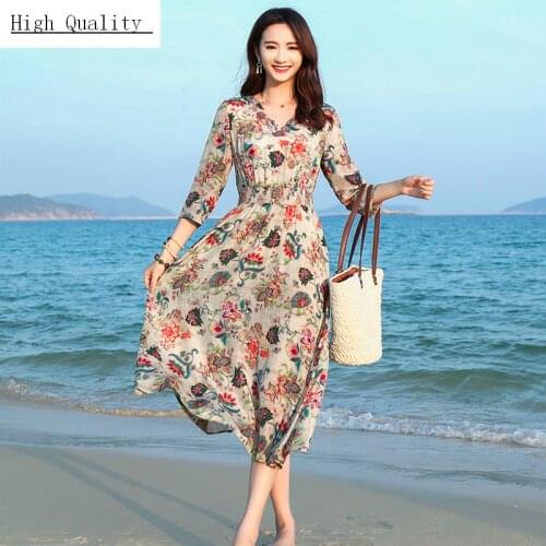 Silk Long Summer Dress Women Print Floral Dresses Elegant Beach Party Dress V Neck Dresses Vestidos Verano 2019 LWL1544