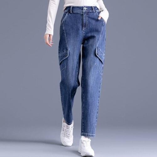 Chic Pocket Denim Harem Jeans Streetwear Big Size High Waist Denim Trousers Female 2021 Spring New Baggy Washed Jeans Women
