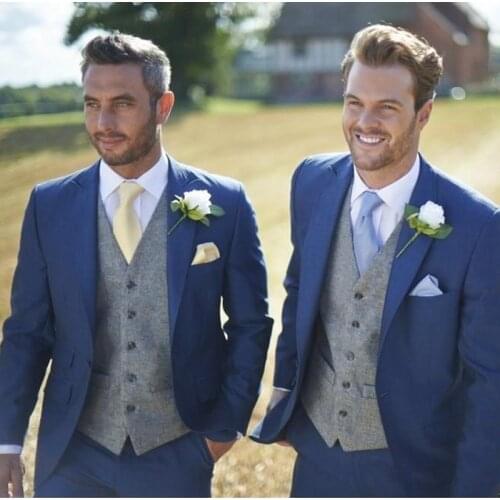 One Button Blue Peak Lapel Mens Prom Party Business Suits Blazers Groom Tuxedos Clothing Sets (Jacket+Pants+Vest+Tie) W:1090
