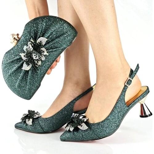 African 2021 New Arrival Italian Design Avocado Color Party Wedding Elegant Women Shoes and Bag Set Decorated With Flower