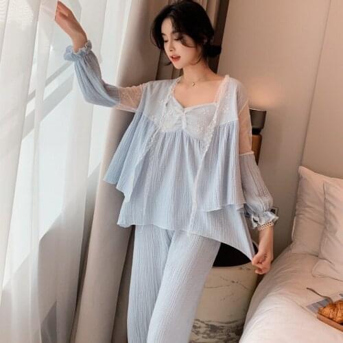 Spring And Autumn 100% Cotton Home Wear Lovely Lace Princess Lady Court Sweet Condusion Robe Pajamas Casual Sleep Set 4PCS